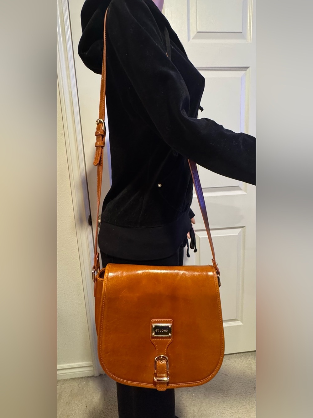 St. John Saddle Crossbody Bag in Cognac Brown